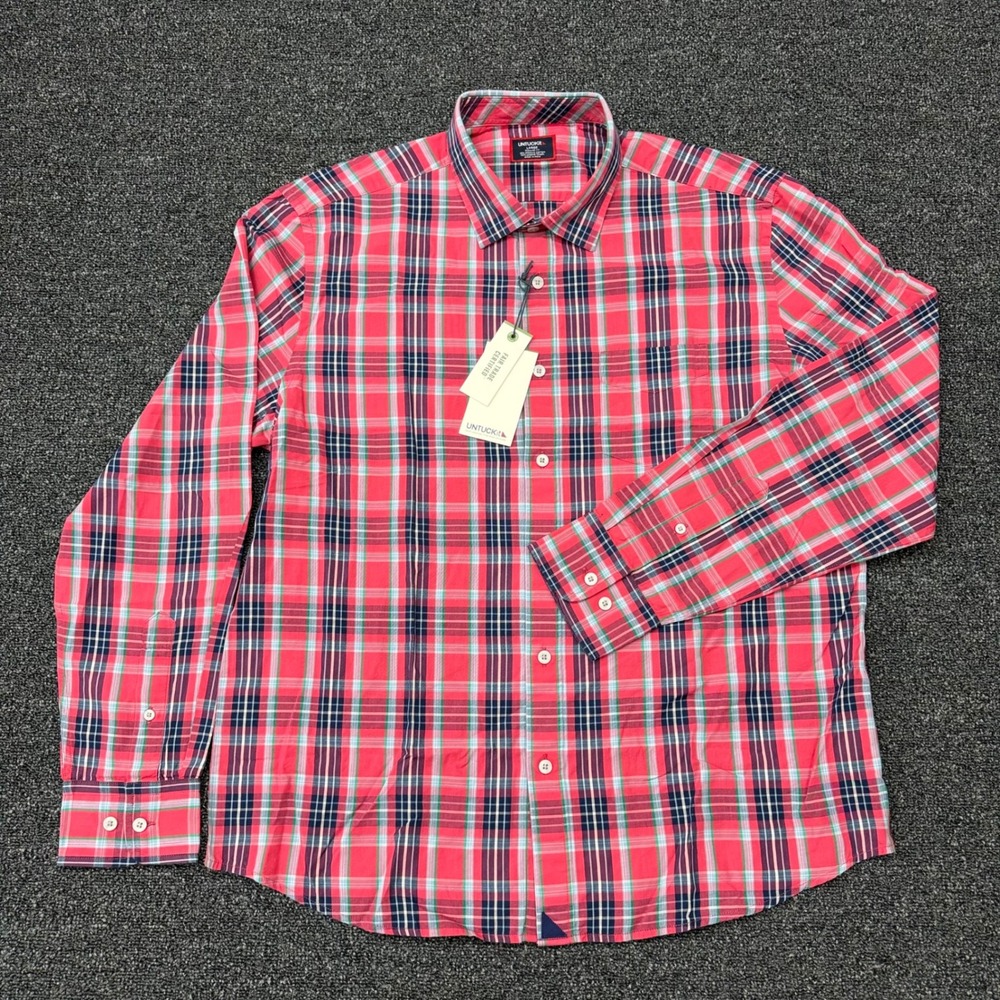 UNTUCKit Santa Barbara Plaid Shirt Mens Large Regular Fit Red Tencel NWT